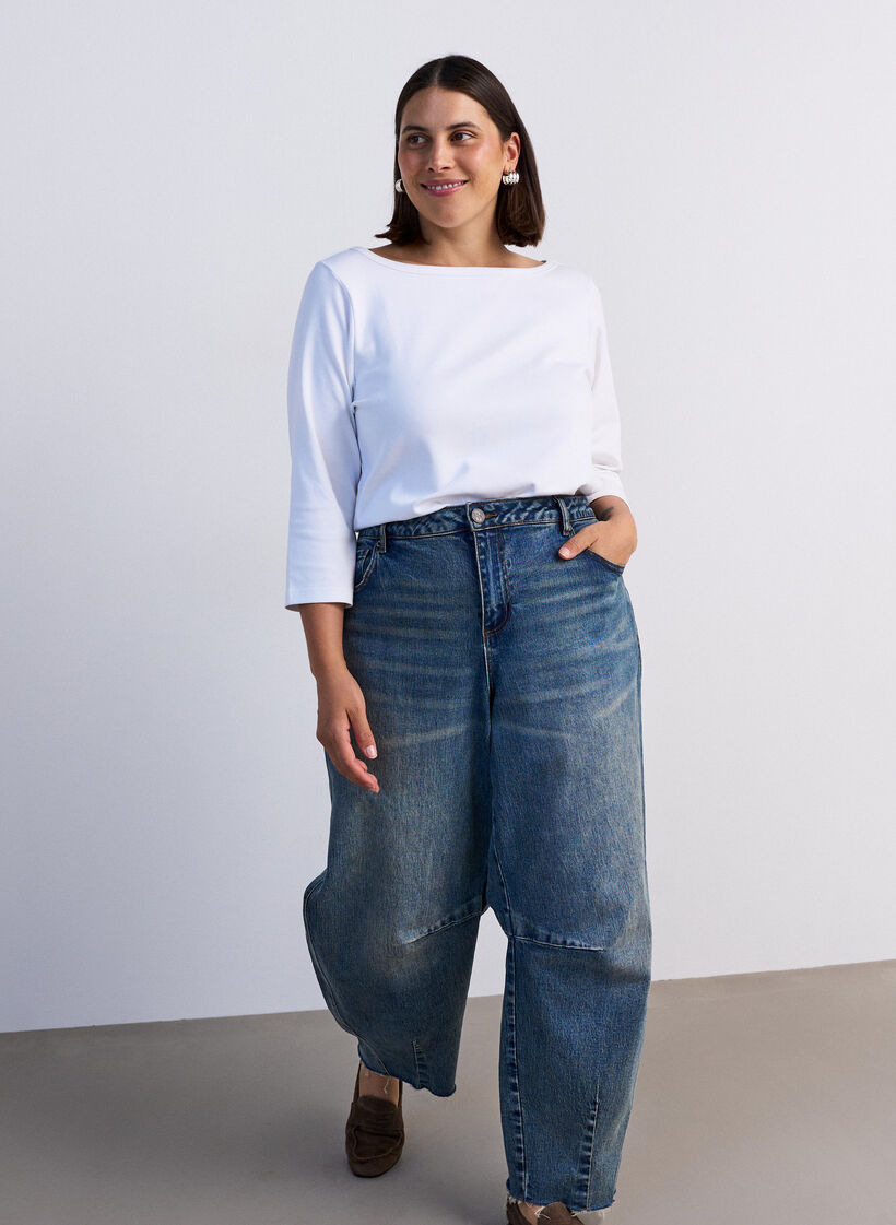 Basic-T-Shirt mit U-Boot-Ausschnitt und 3/4-&Auml;rmeln, Wei&szlig;, Model image number 3