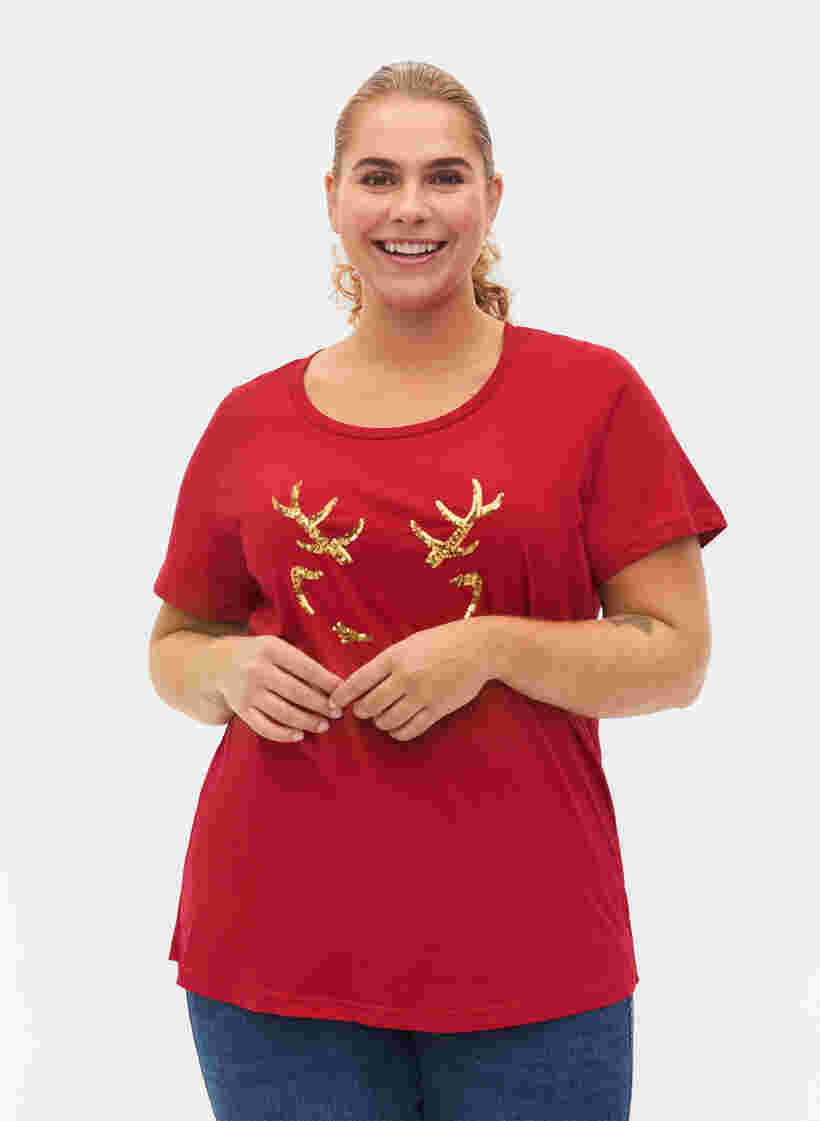 Weihnachts-T-Shirt aus Baumwolle, Tango Red Reindeer, Model