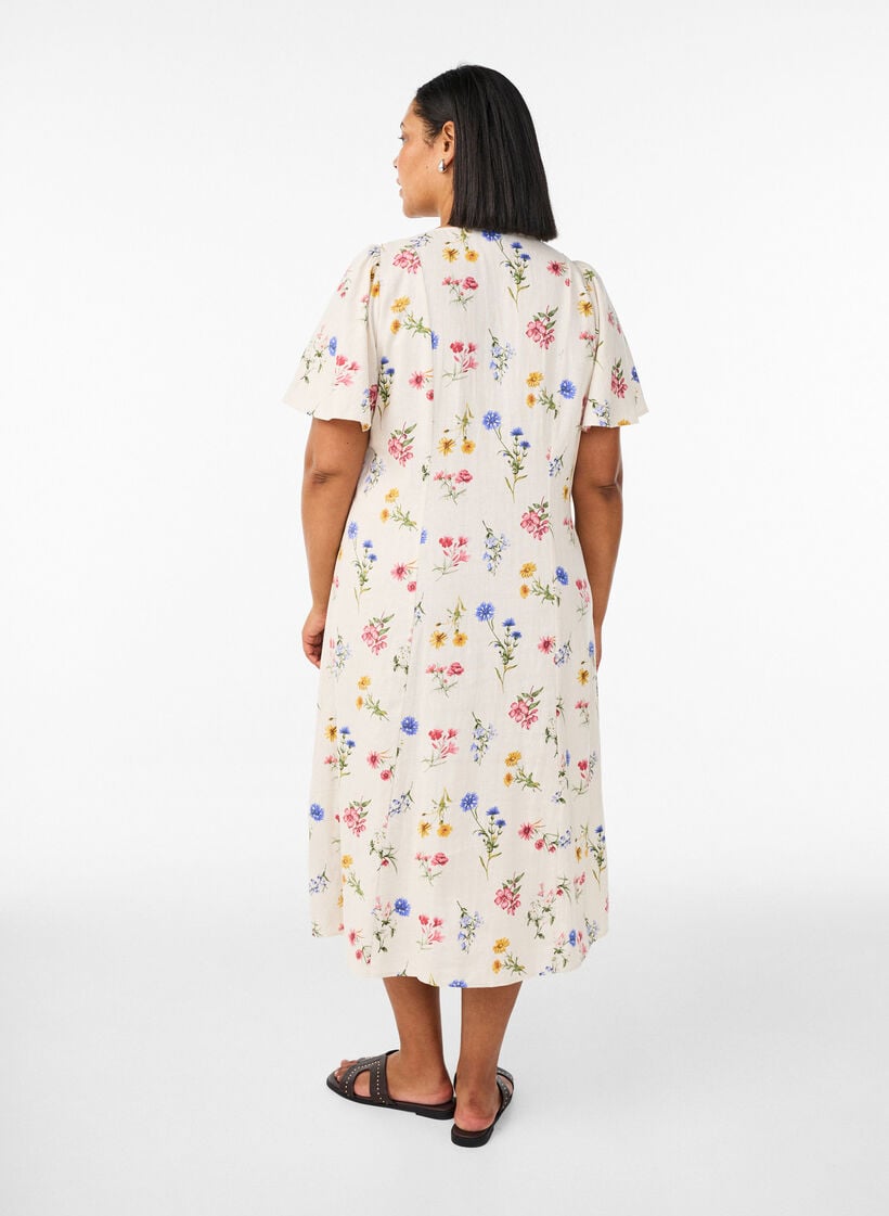 Midikleid aus Leinen und Viskose mit R&uuml;schen&auml;rmeln, Beige, Model image number 1