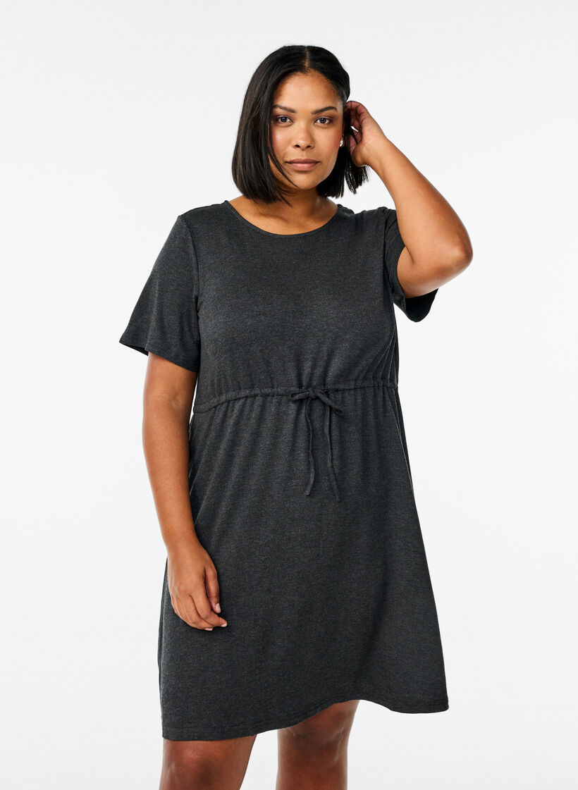 Kurzes Jerseykleid mit Bindegürtel, Grau, Model image number 0