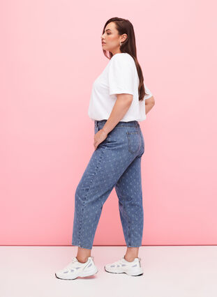 Cropped Jeans mit Aufdruck und hoher Taille, Blue denim, Model image number 3