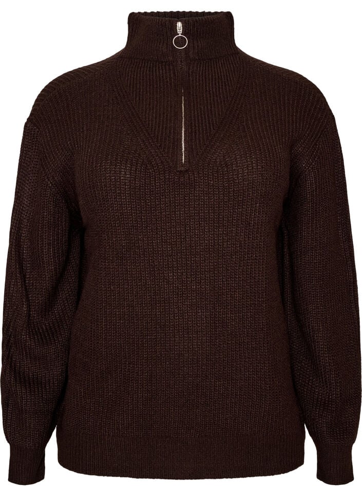 Strickpullover mit hohem Kragen und Rei&szlig;verschluss, Braun, Packshot image number 0