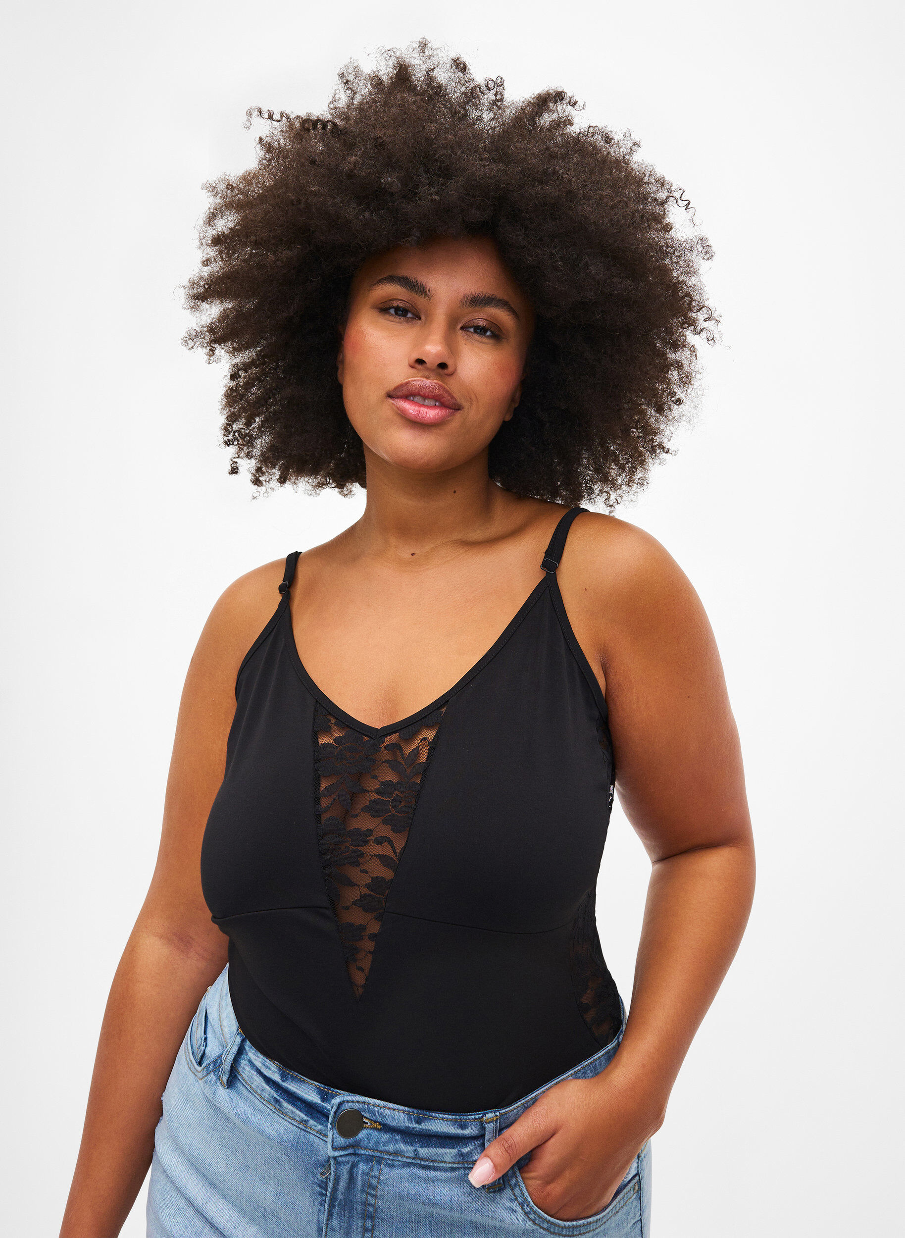 Zizzi Bodystocking mit Spitze und schmalen Tr&auml;gern, Black, Model image number 0