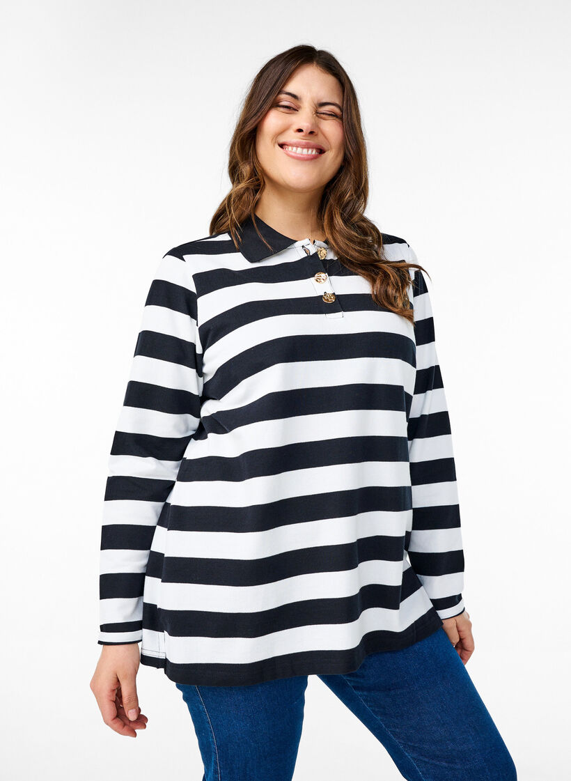 Poloshirt mit langen Ärmeln und Streifenmuster, Schwarz, Model image number 0