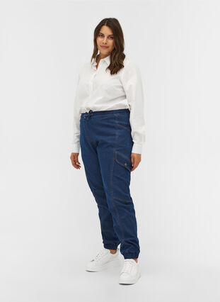 Lockere Jeans mit Tunnelzug, Medium Blue, Model image number 4