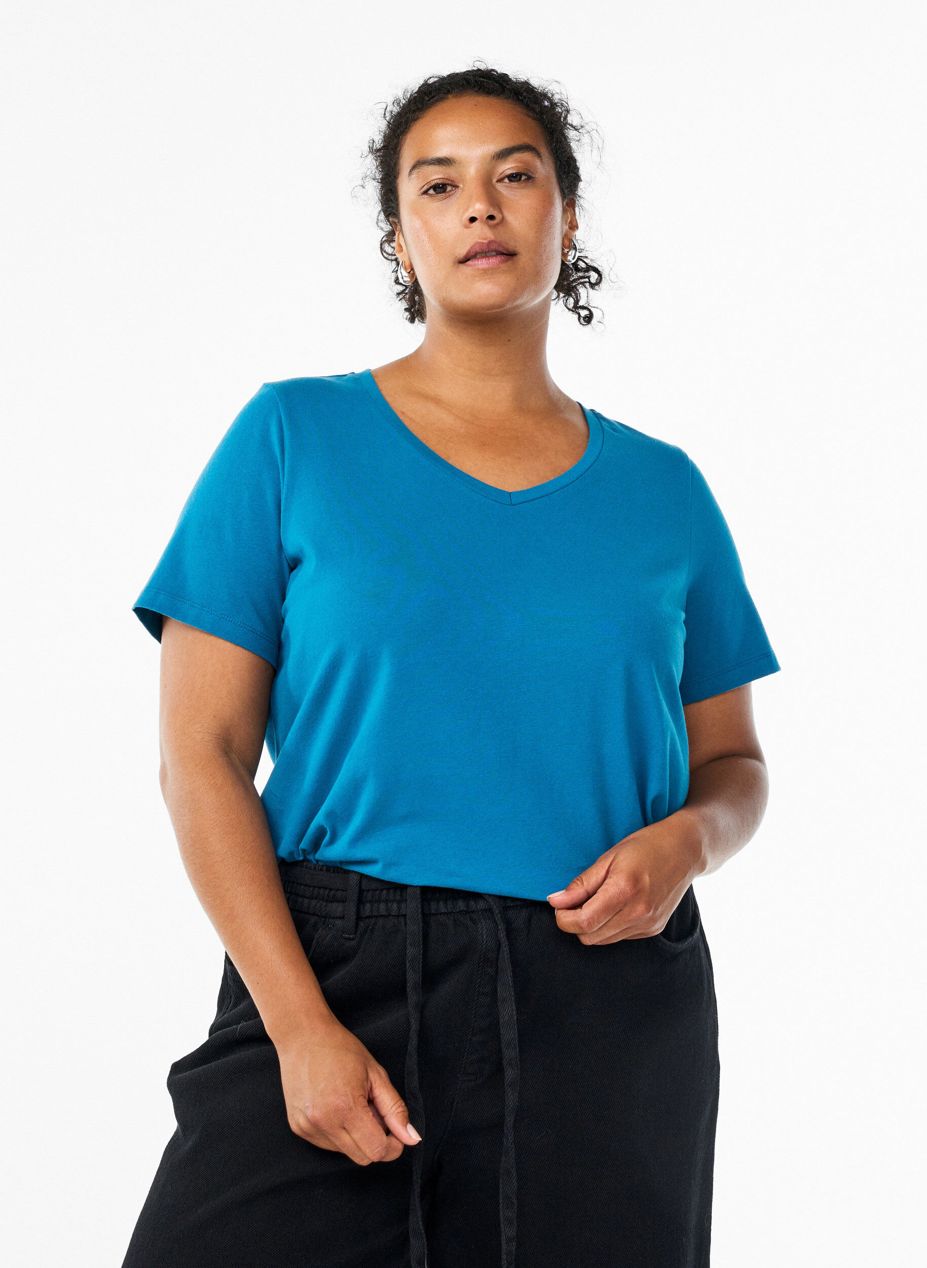 ZizziEinfarbiges basic T-Shirt aus Baumwolle, Petrol, Model image number 0