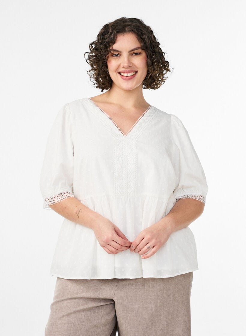 Bluse aus strukturierter Baumwolle mit H&auml;keldetails, Wei&szlig;, Model image number 0
