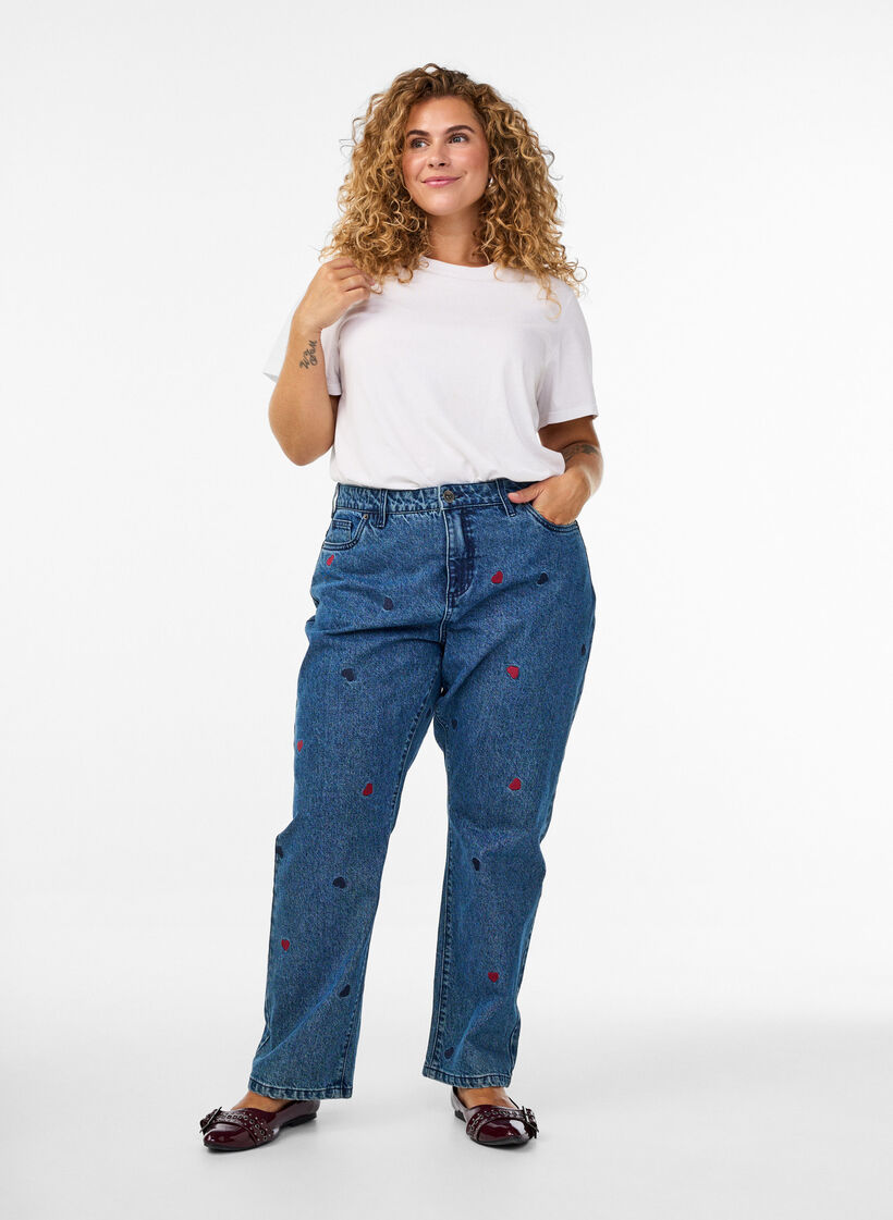 Gemma Jeans mit hoher Taille und aufgestickten Details, Blau, Model image number 0