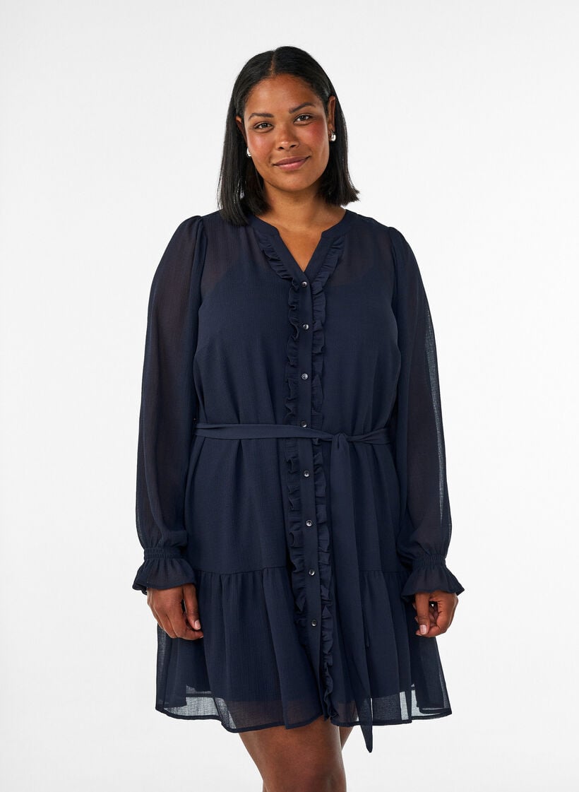 Kurzes Kleid mit R&uuml;schendetails und Bindeg&uuml;rtel, Blau, Model image number 0