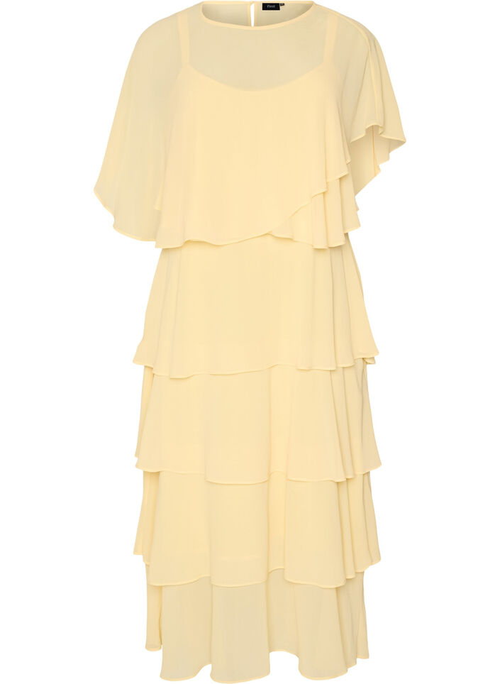 Maxikleid mit R&uuml;schen-Volants und abnehmbarem Cape, Gelb, Packshot image number 0