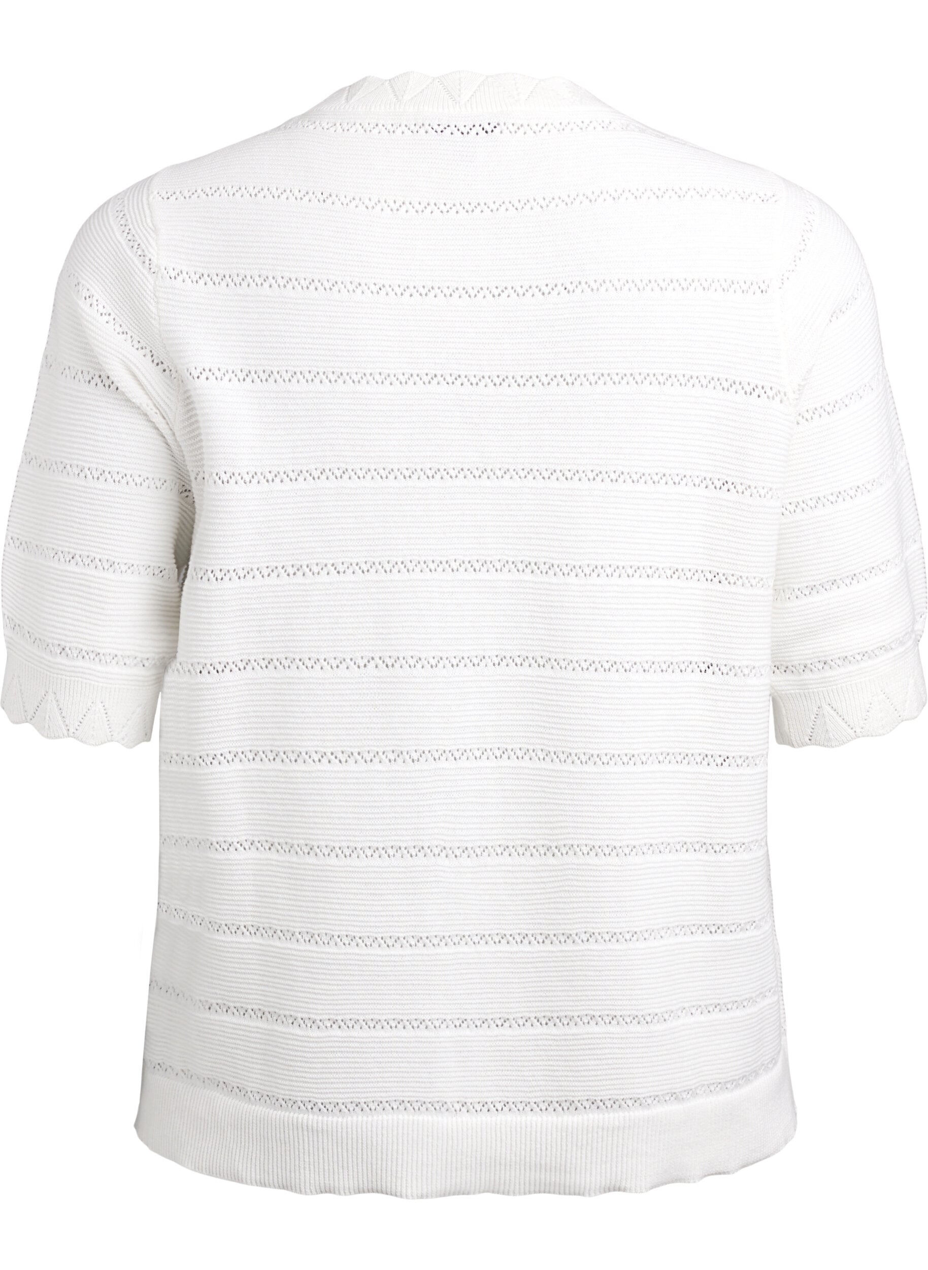 Zizzi Gestrickte Bluse mit Lochmuster in Streifenoptik und kurzen &Auml;rmeln, Vanille, Packshot image number 1