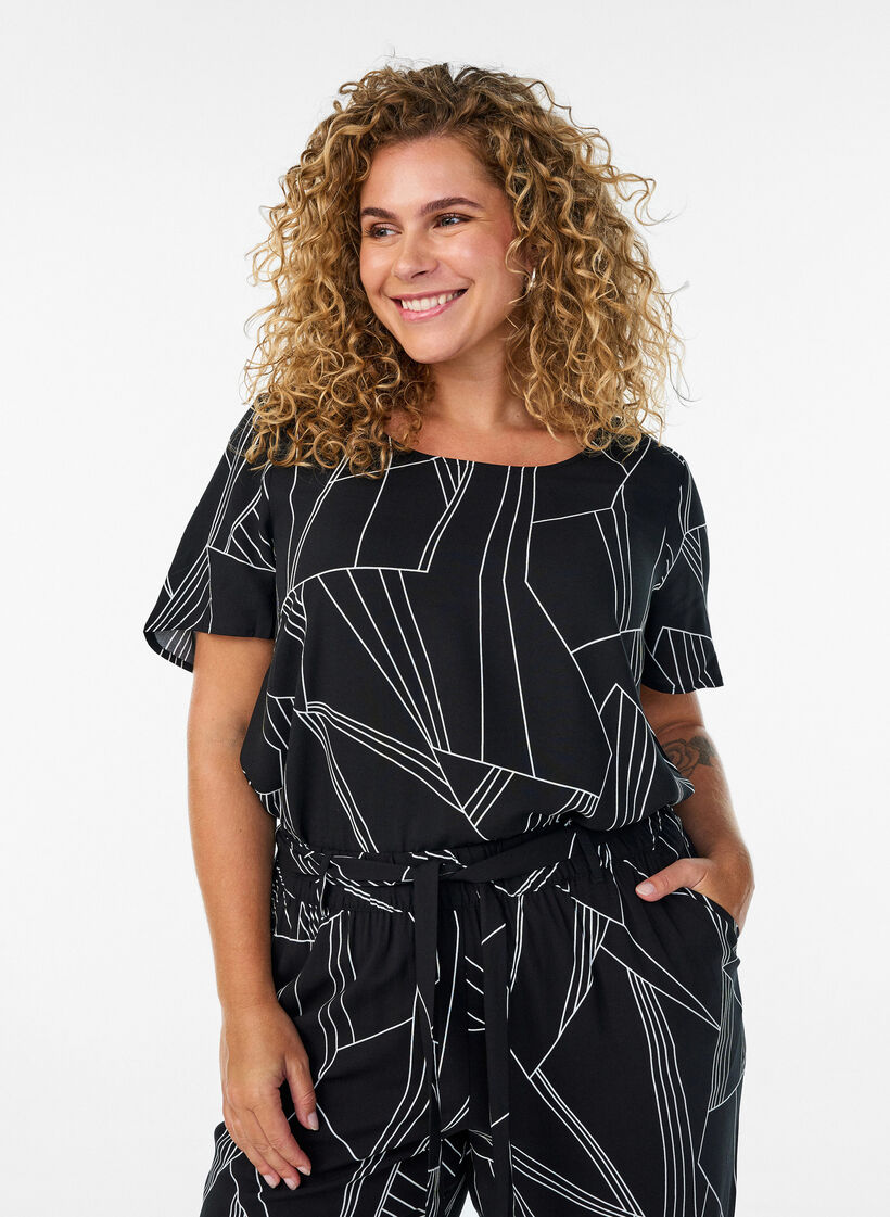 Kurz&auml;rmelige Bluse aus Viskose mit Print, Schwarz, Model image number 0