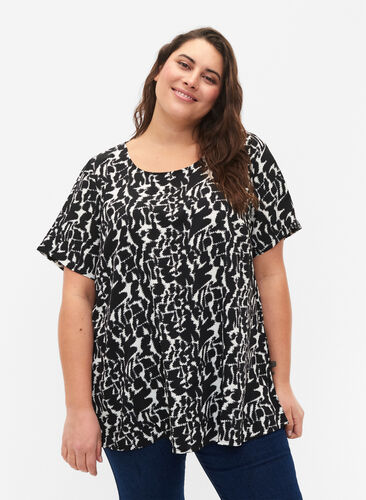 FLASH – Kurzärmelige Bluse mit Print, Black White AOP, Model image number 0