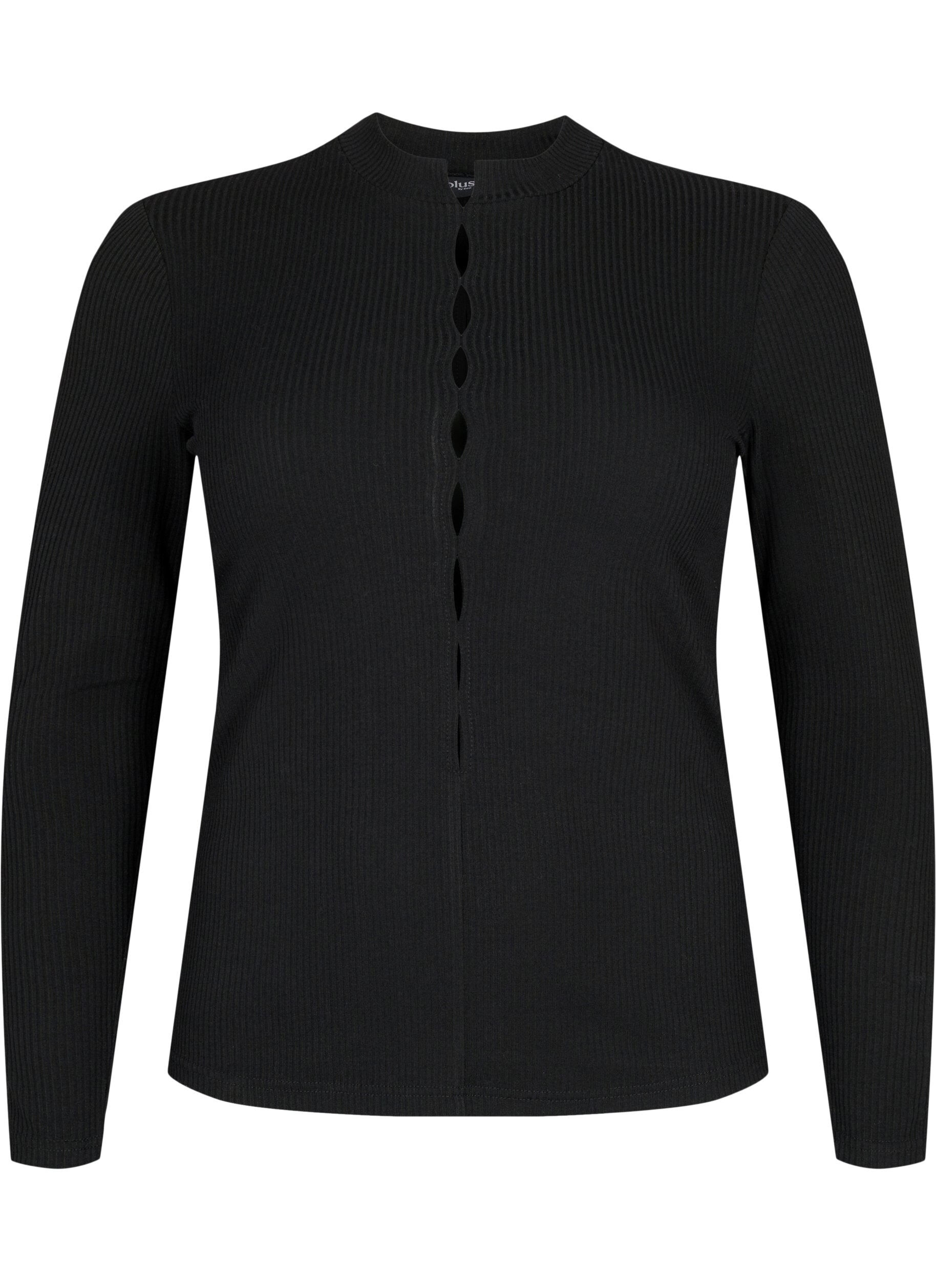Zizzi Lang&auml;rmelige gerippte Bluse mit Lochdetails, Black, Packshot image number 0