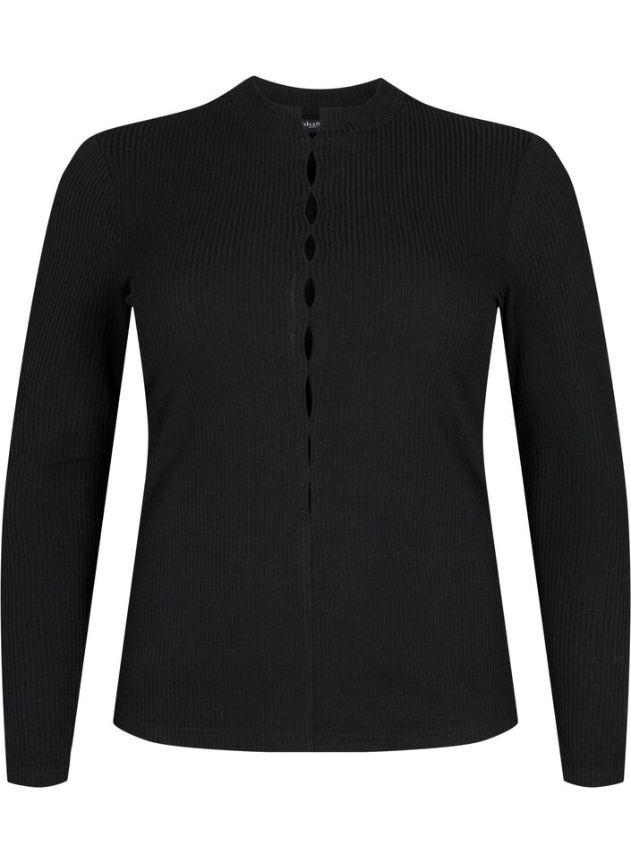 Langärmelige gerippte Bluse mit Lochdetails, Black, Packshot image number 0