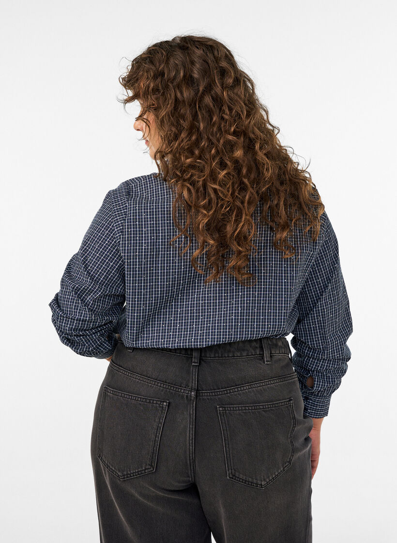 Kariertes Hemd mit Strasssteinen, Blau, Model image number 2