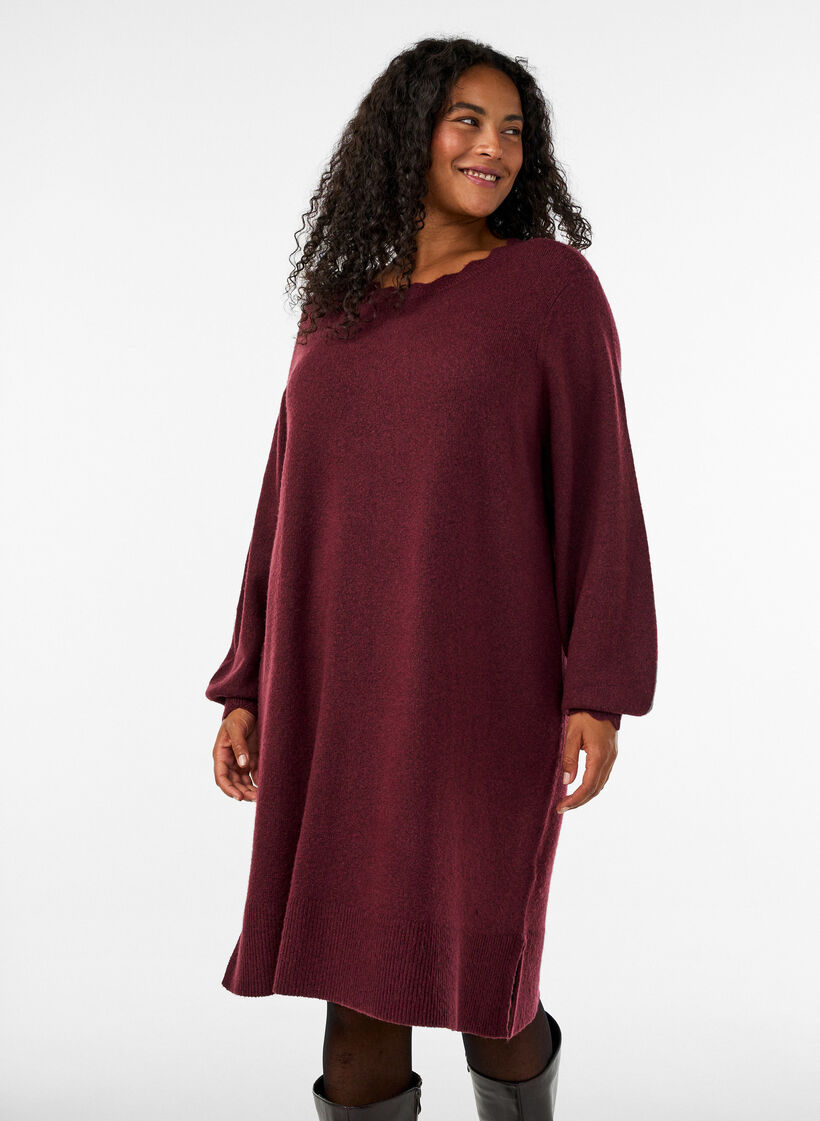 Gestricktes Minikleid mit gewelltem Saum und Schlitzen, Rot, Model image number 0
