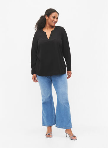 Langärmelige Bluse mit Spitzendetail , Black, Model image number 2