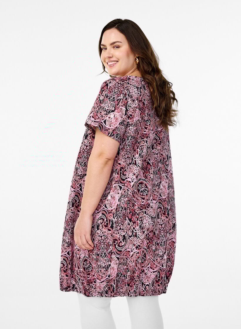 Kurzärmliges Baumwollkleid mit Aufdruck, Schwarz, Model image number 2