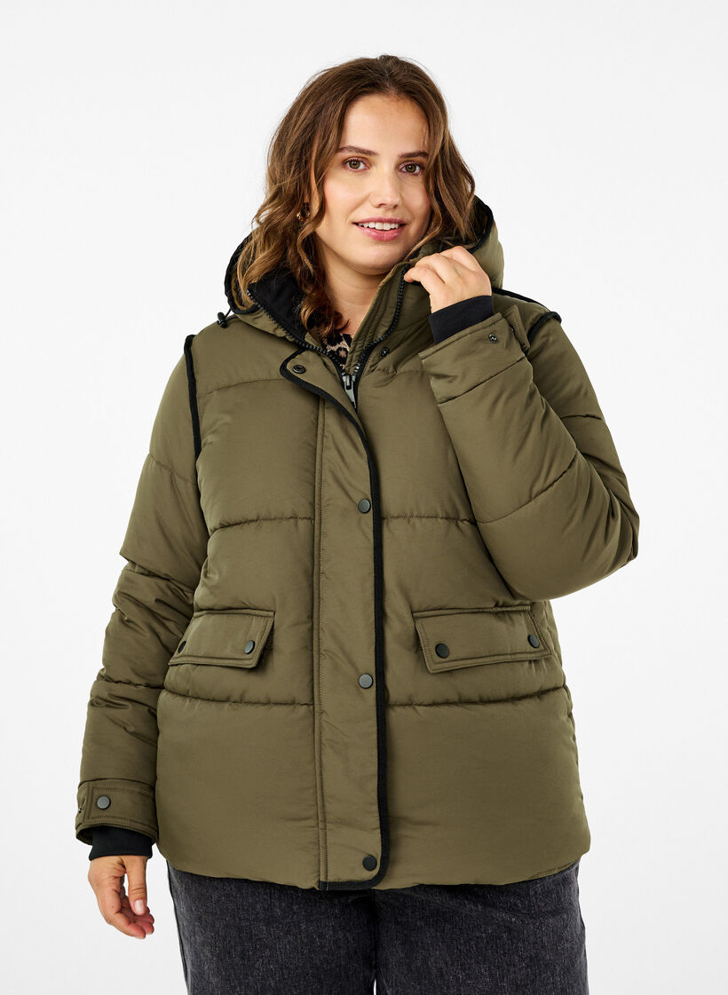 Kurze Steppjacke mit Kontrastdetails, Grün, Model image number 0