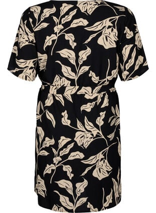 FLASH – Kurzärmeliges Kleid mit Gürtel, Black Off White Fl., Packshot image number 1