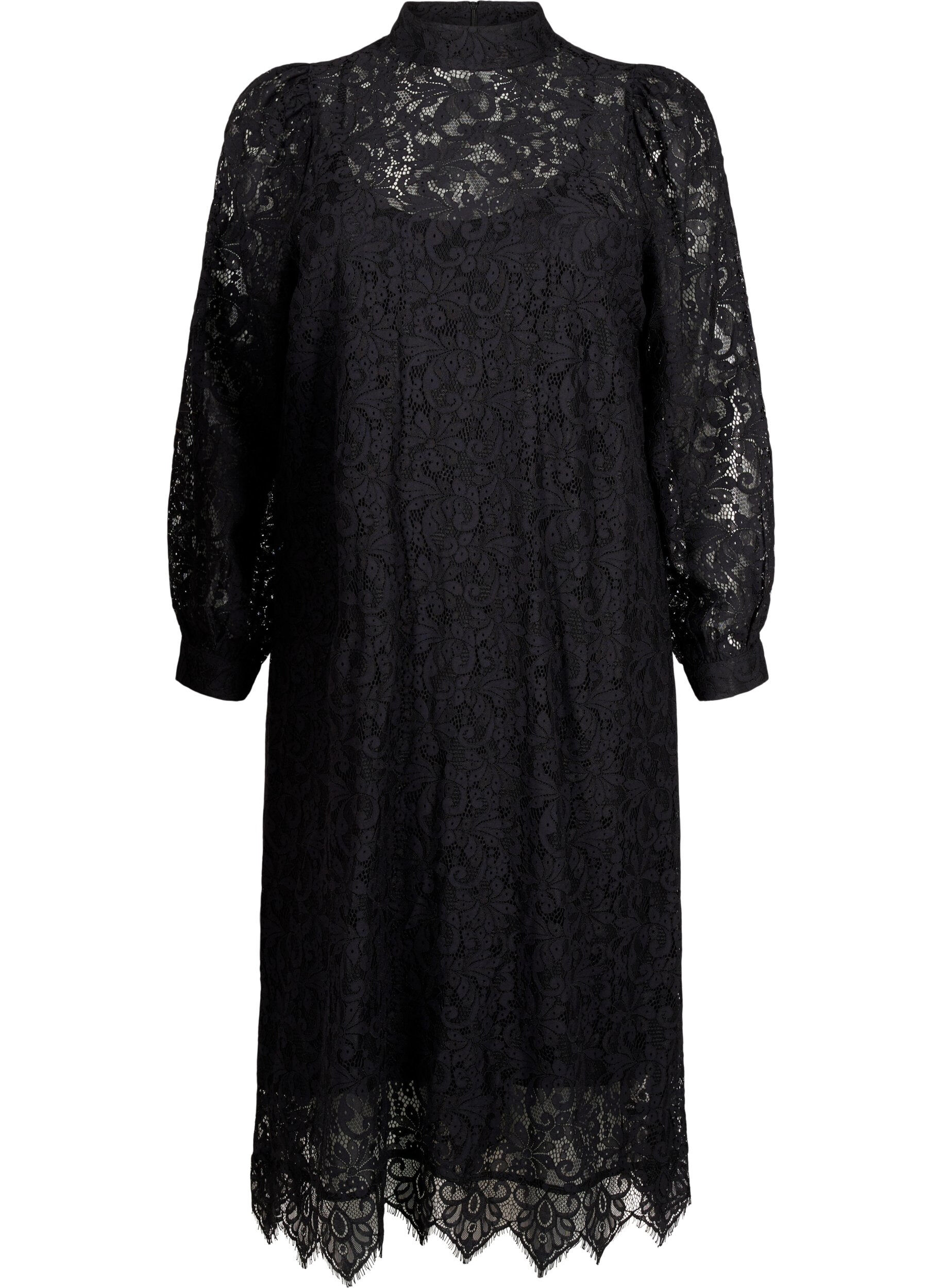 Zizzi Lang&auml;rmliges Spitzenkleid mit hohem Hals, Black, Packshot image number 0