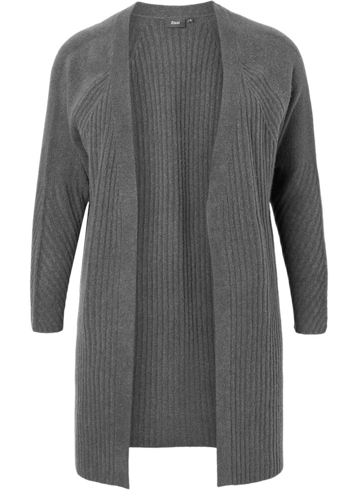 Lange Strickjacke aus Rippenstrick, Dark Grey Melange, Packshot image number 0