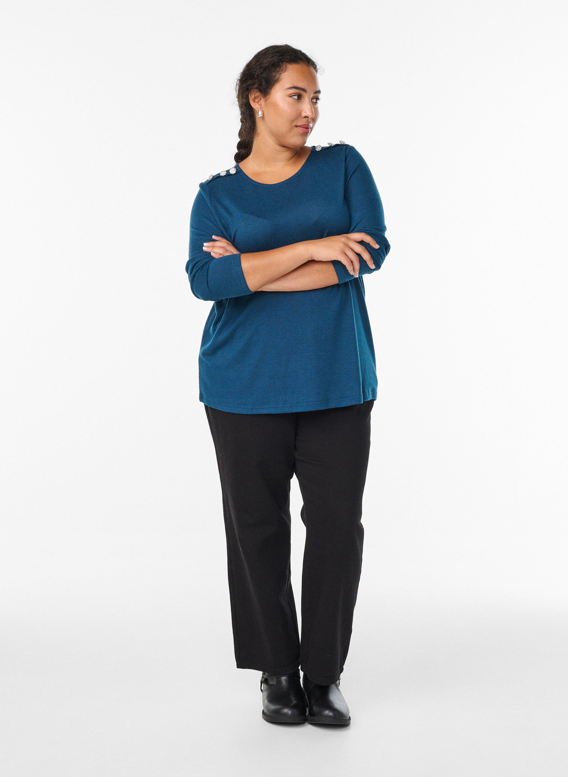 Zizzi Bluse mit Zierkn&ouml;pfen, Petrol, Model image number 1