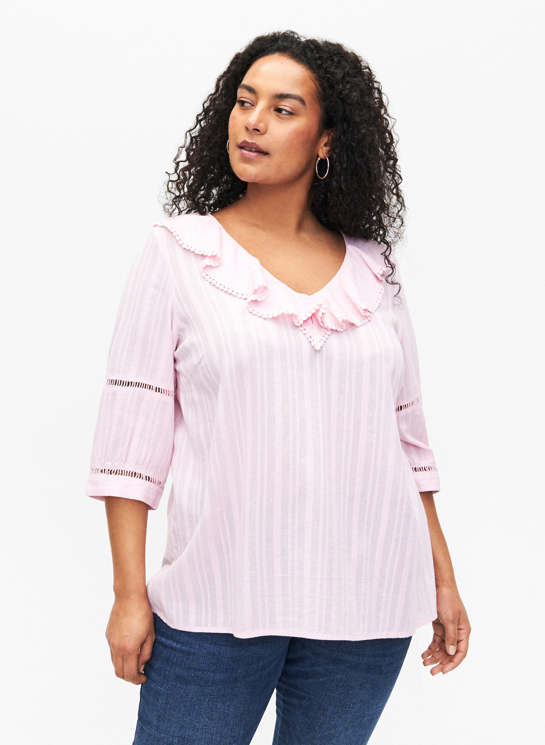 Zizzi Bluse mit 3/4-&Auml;rmeln und Spitze, Almond Blossom, Model image number 0