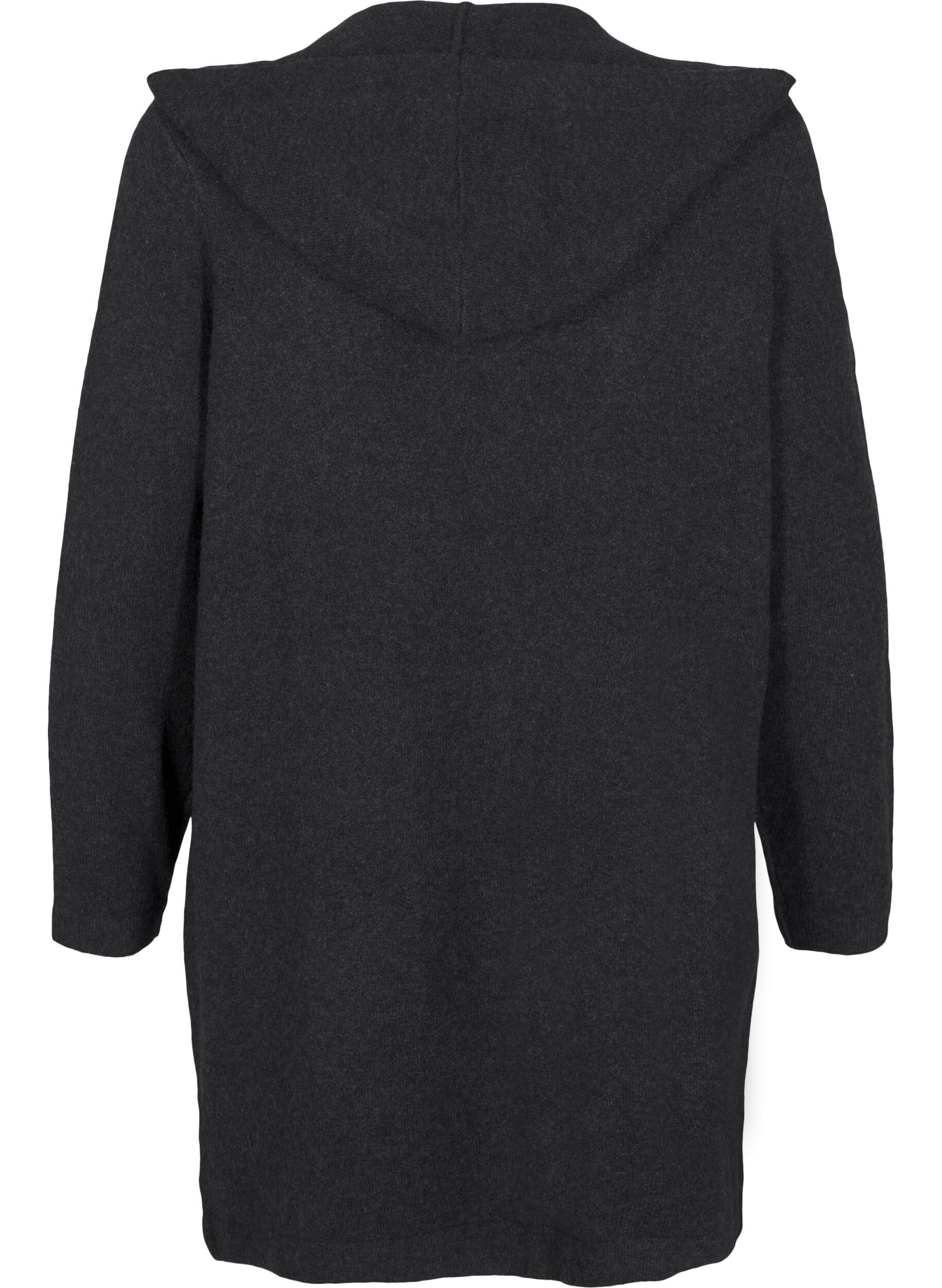 Zizzi Langer Strickcardigan aus Wolle mit Kapuze, Dark Grey Melange, Packshot image number 1