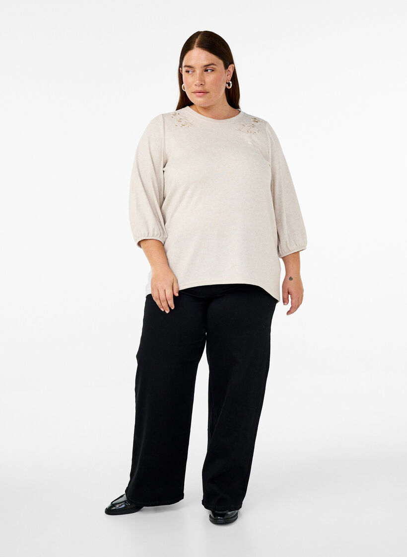 Bluse mit floralen Stickereien und 3/4-Ärmeln, Oatmeal Melange, Model image number 2
