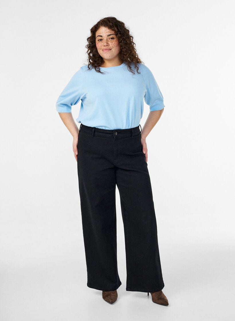 Fein gestrickte Bluse mit kurzen &Auml;rmeln, Blau, Model image number 1