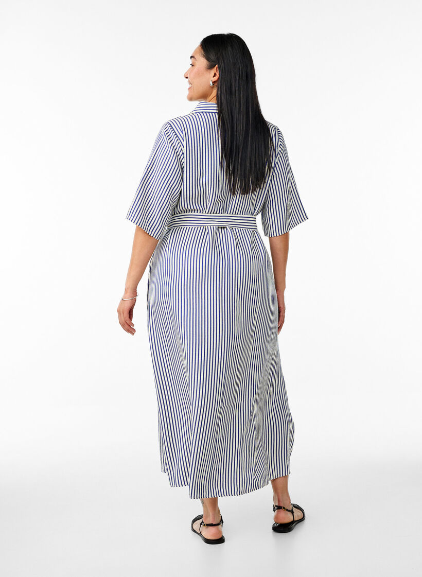 Kn&ouml;chellanges Hemdblusenkleid mit Bindeg&uuml;rtel und Streifen, Blau, Model image number 1