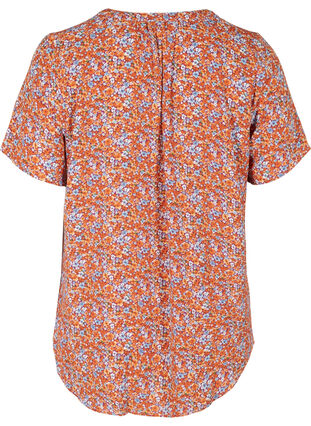 Bluse mit kurzen Ärmeln und V-Ausschnitt, Orange Flower AOP, Packshot image number 1