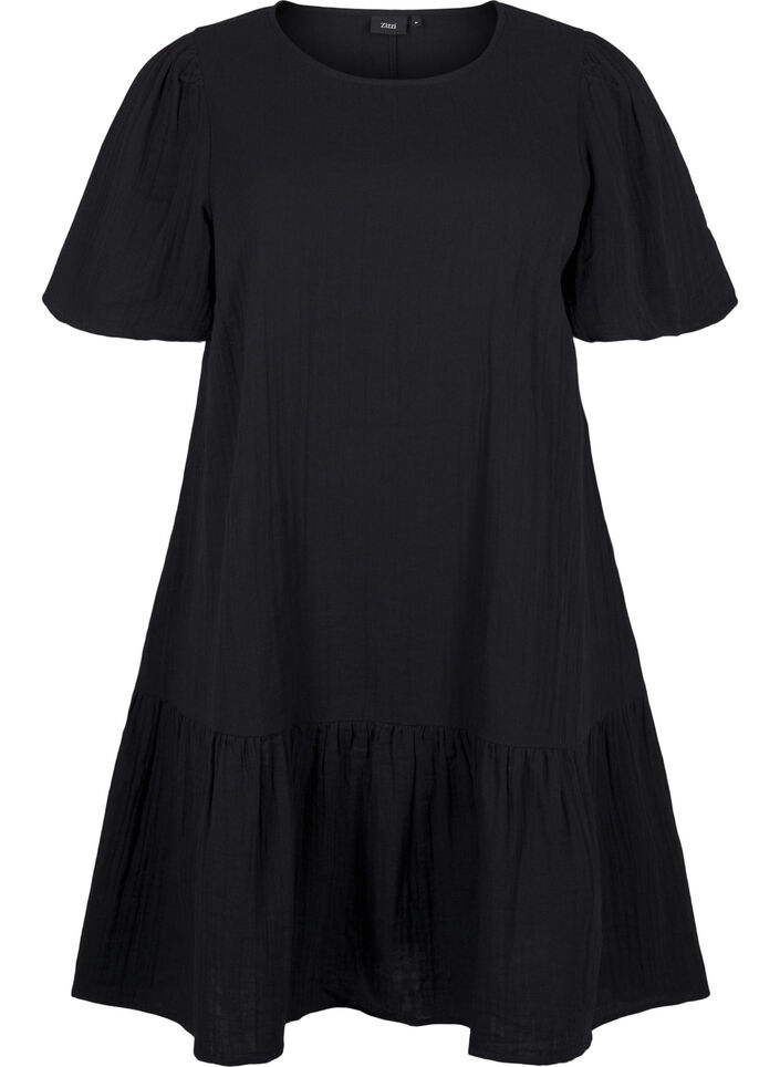 Kurz&auml;rmliges Kleid aus Baumwolle mit A-Linien-Schnitt, Schwarz, Packshot image number 0