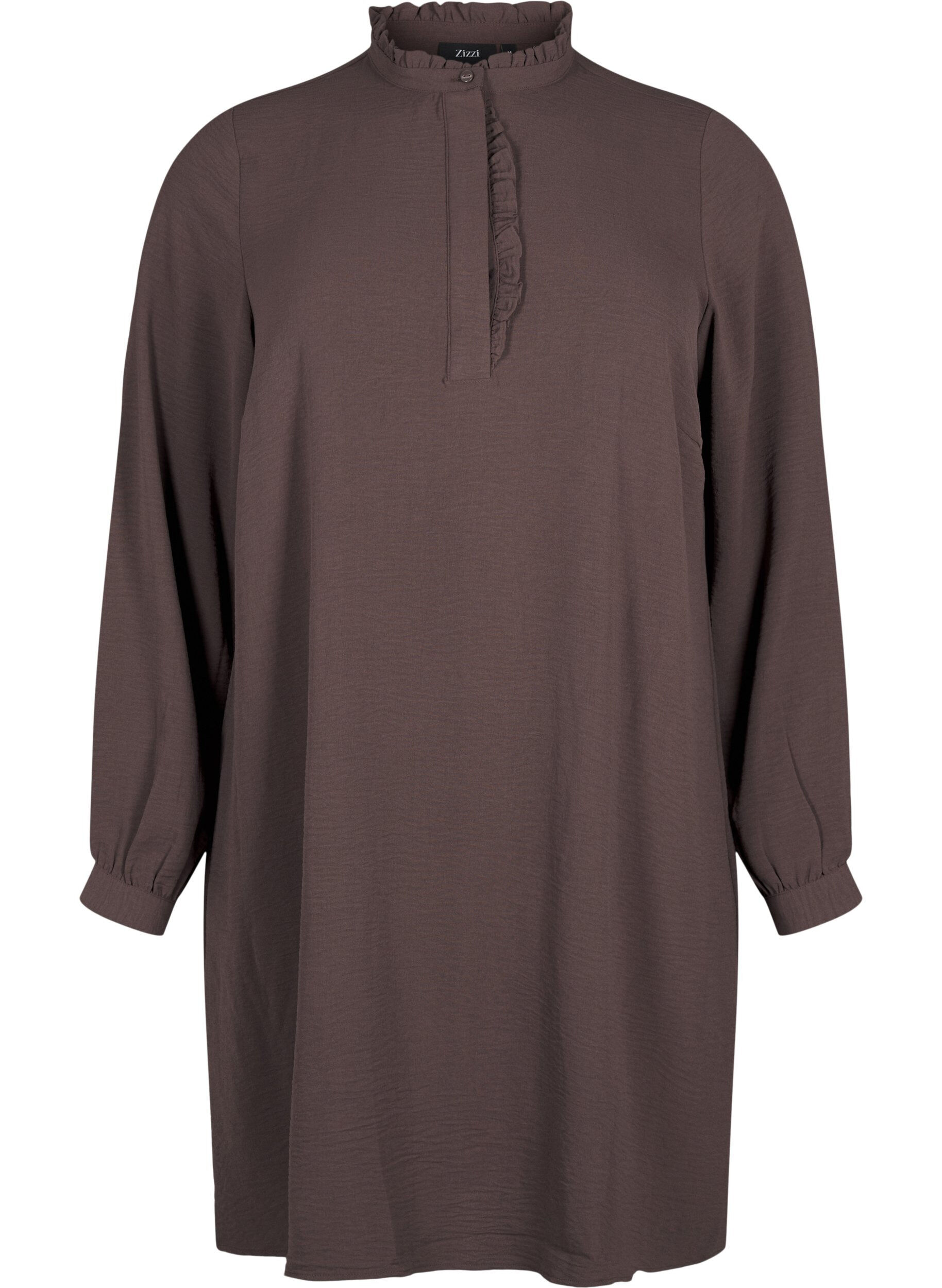 Zizzi Kleid mit langen &Auml;rmeln und R&uuml;schen-Detail, Chocolate Martini, Packshot image number 0