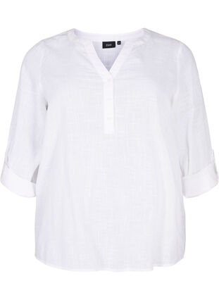 Hemdbluse aus Baumwolle mit V-Ausschnitt, Bright White, Packshot image number 0