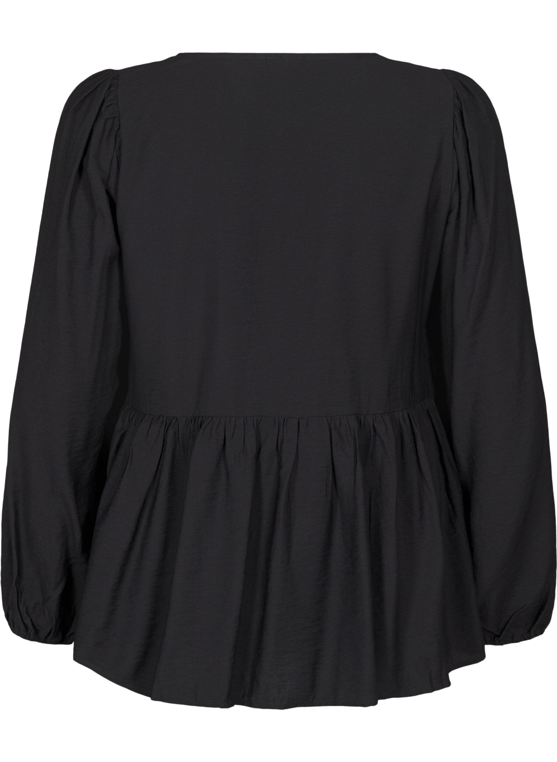 Zizzi Bluse mit Perlenschleifen und langen &Auml;rmeln, Black, Packshot image number 1