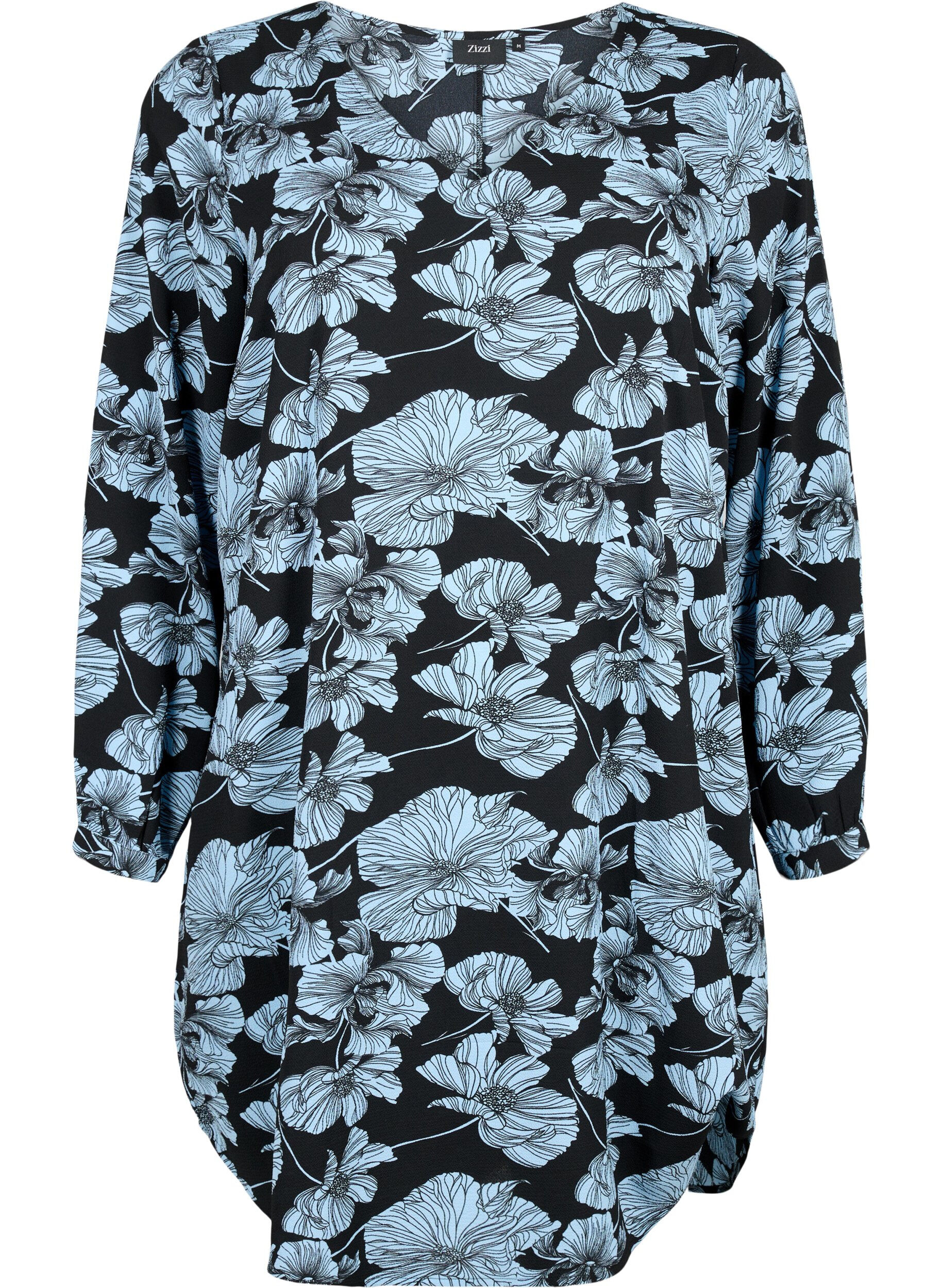 Zizzi Kleid mit V-Ausschnitt und Aufdruck, Black B. Flower AOP, Packshot image number 0