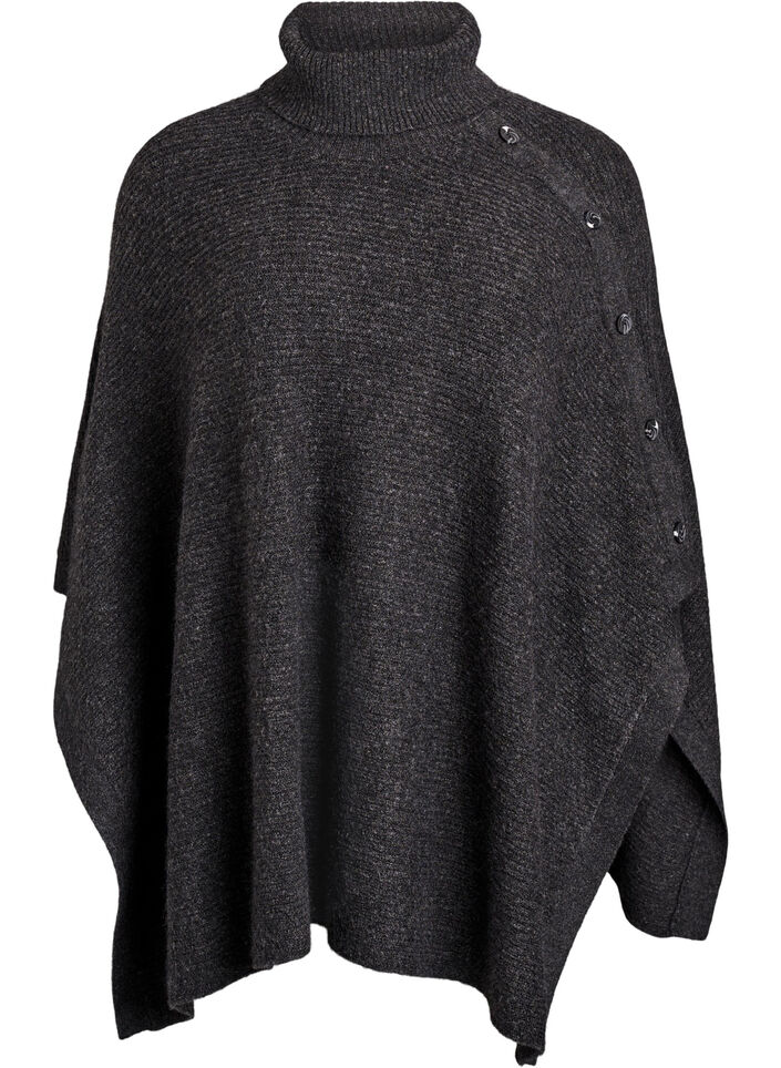 Poncho mit Rollkragen und Knopfdetail, Grau, Packshot image number 0