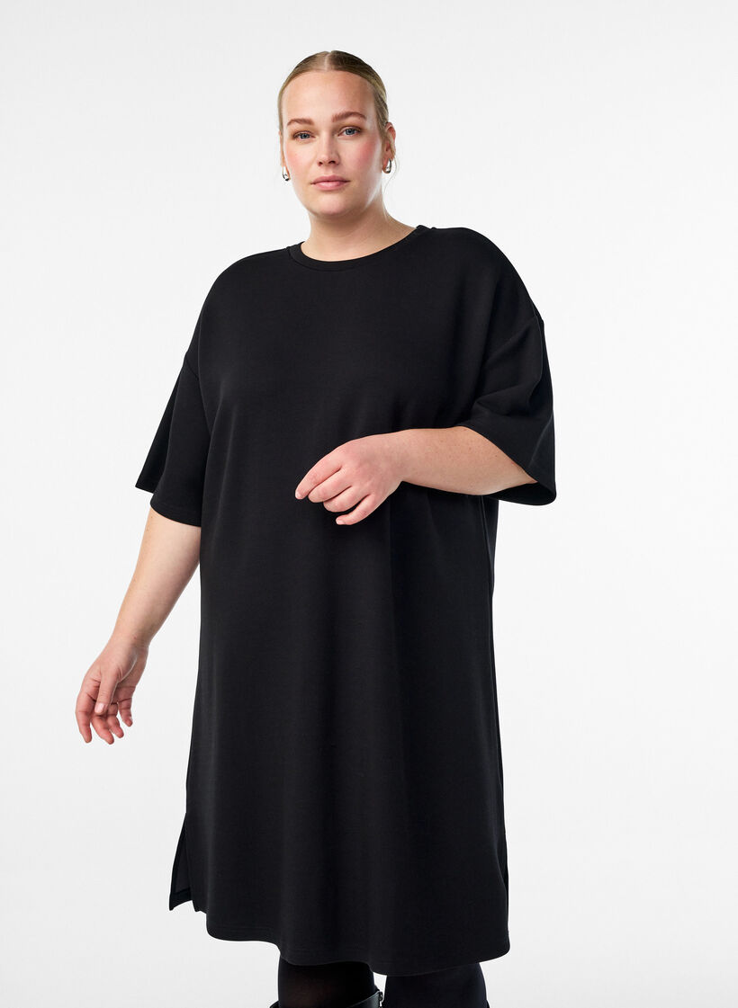 T-Shirt-Kleid aus Jersey mit Seitenschlitzen, Schwarz, Model image number 0