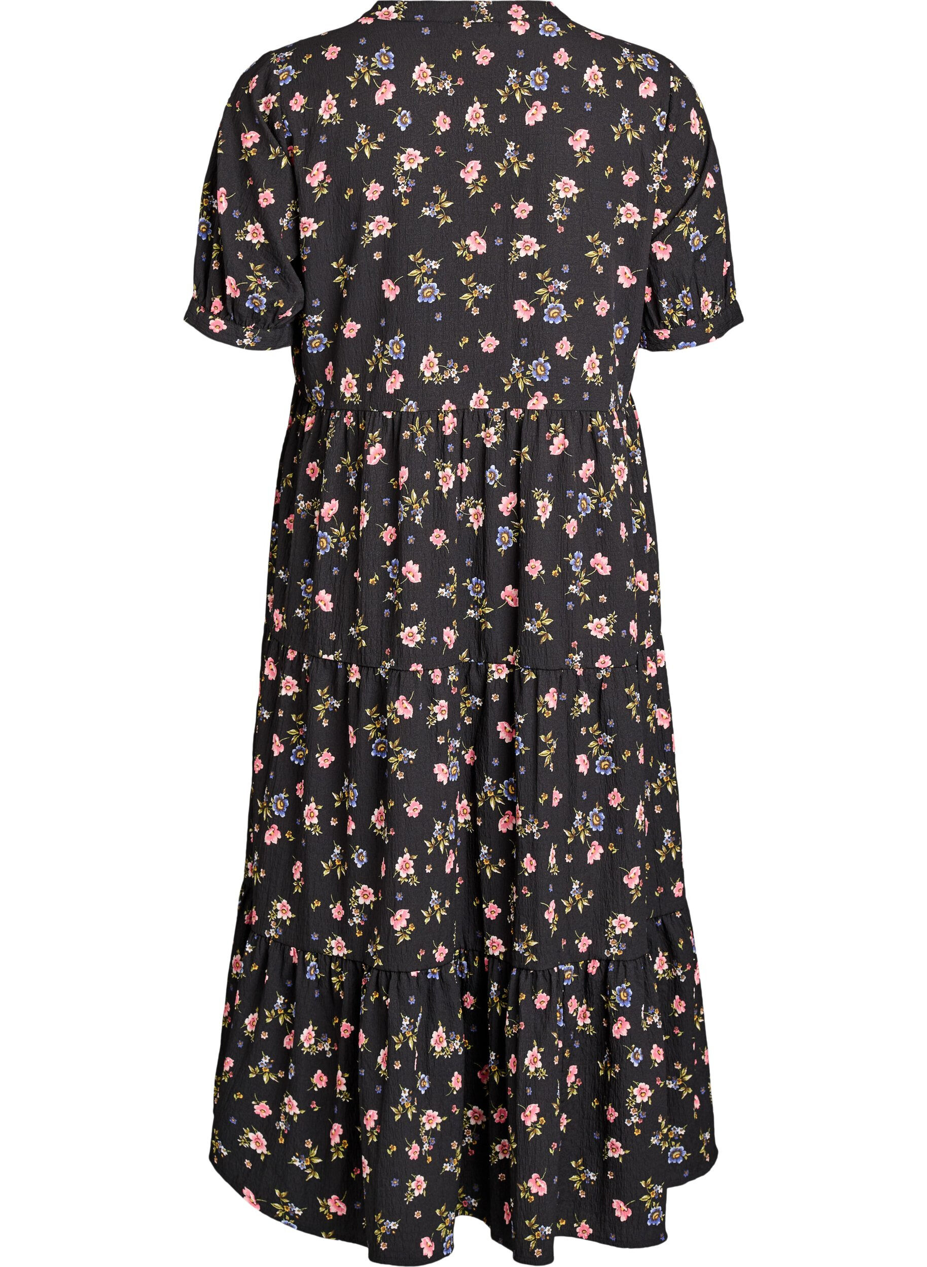 ZizziKn&ouml;chellanges Kleid mit kurzen &Auml;rmeln und gestuften Volants, Schwarz, Packshot image number 1