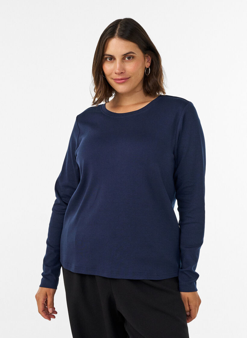 Langarm-Basic-T-Shirt mit Rundhalsausschnitt, Blau, Model image number 0