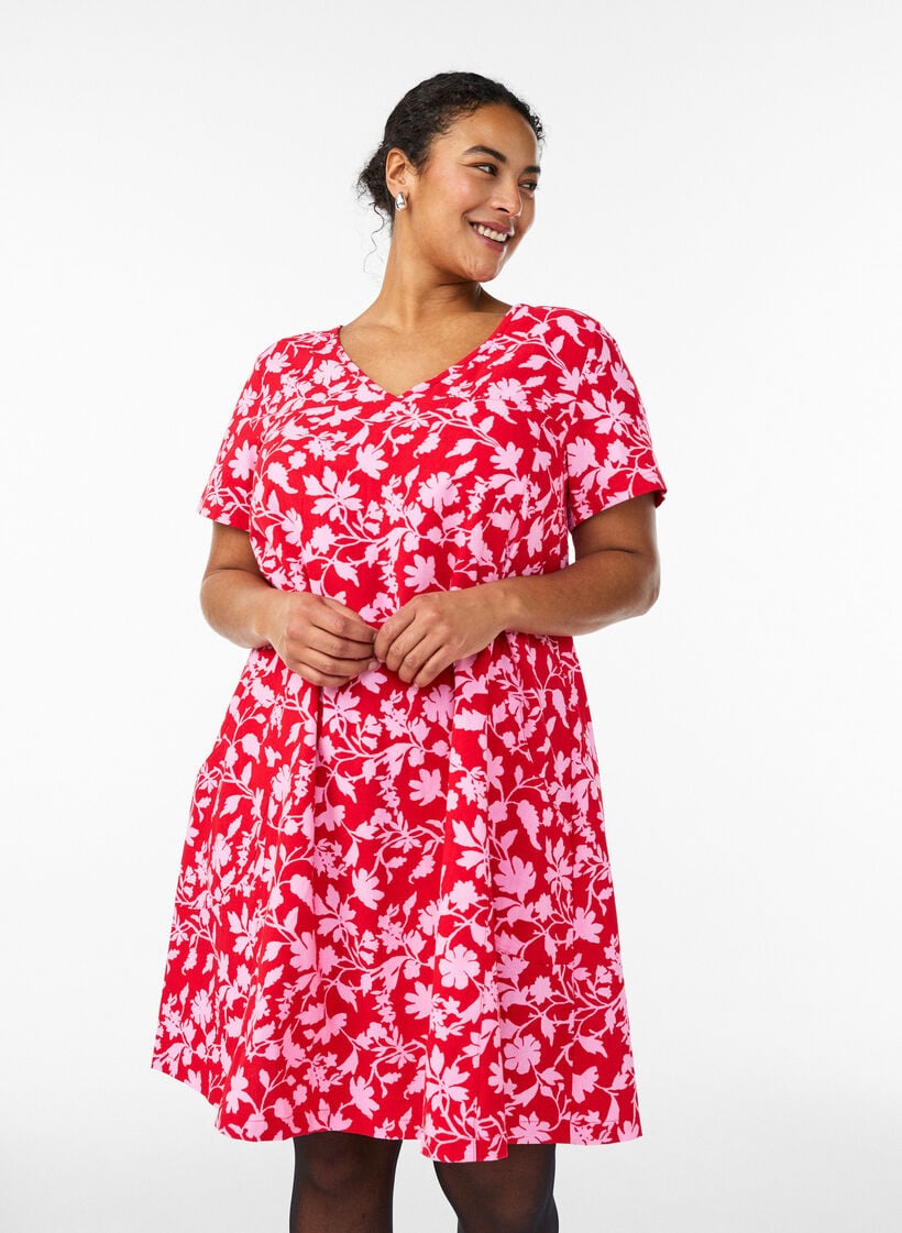 Kurzes A-Linien-Kleid mit floralem Print, Rot, Model image number 0