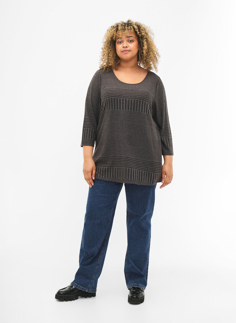 Bluse mit 3/4-Ärmeln und Streifenmuster, Dark Grey Melange, Model image number 2