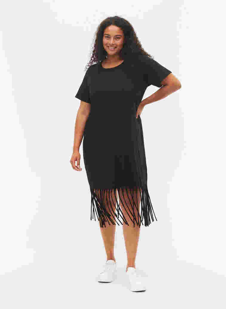 Kurzärmeliges Baumwollkleid mit Fransen, Black, Model image number 2