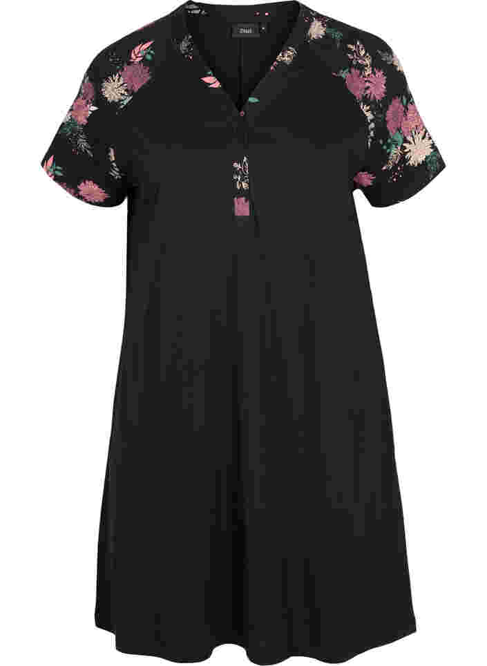 Kurzarm Nachthemd aus Baumwolle mit Printdetails, Black AOP Flower, Packshot image number 0