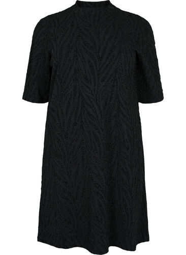 Gemustertes Kleid mit Glitzer und kurzen Ärmeln, Black/Black Lurex, Packshot image number 0