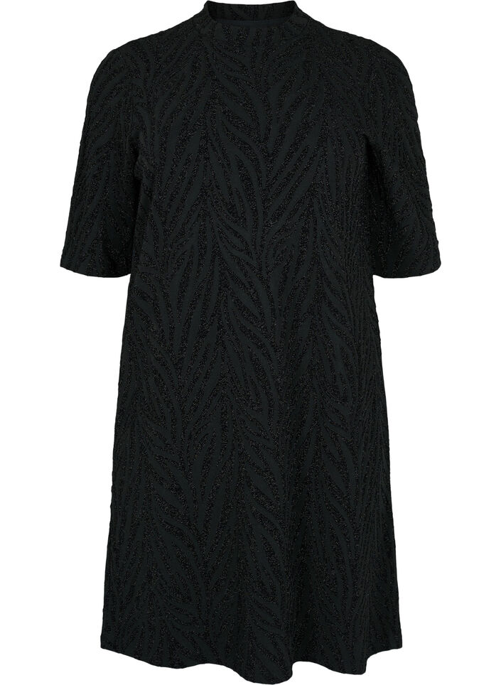 Gemustertes Kleid mit Glitzer und kurzen Ärmeln, Black/Black Lurex, Packshot image number 0