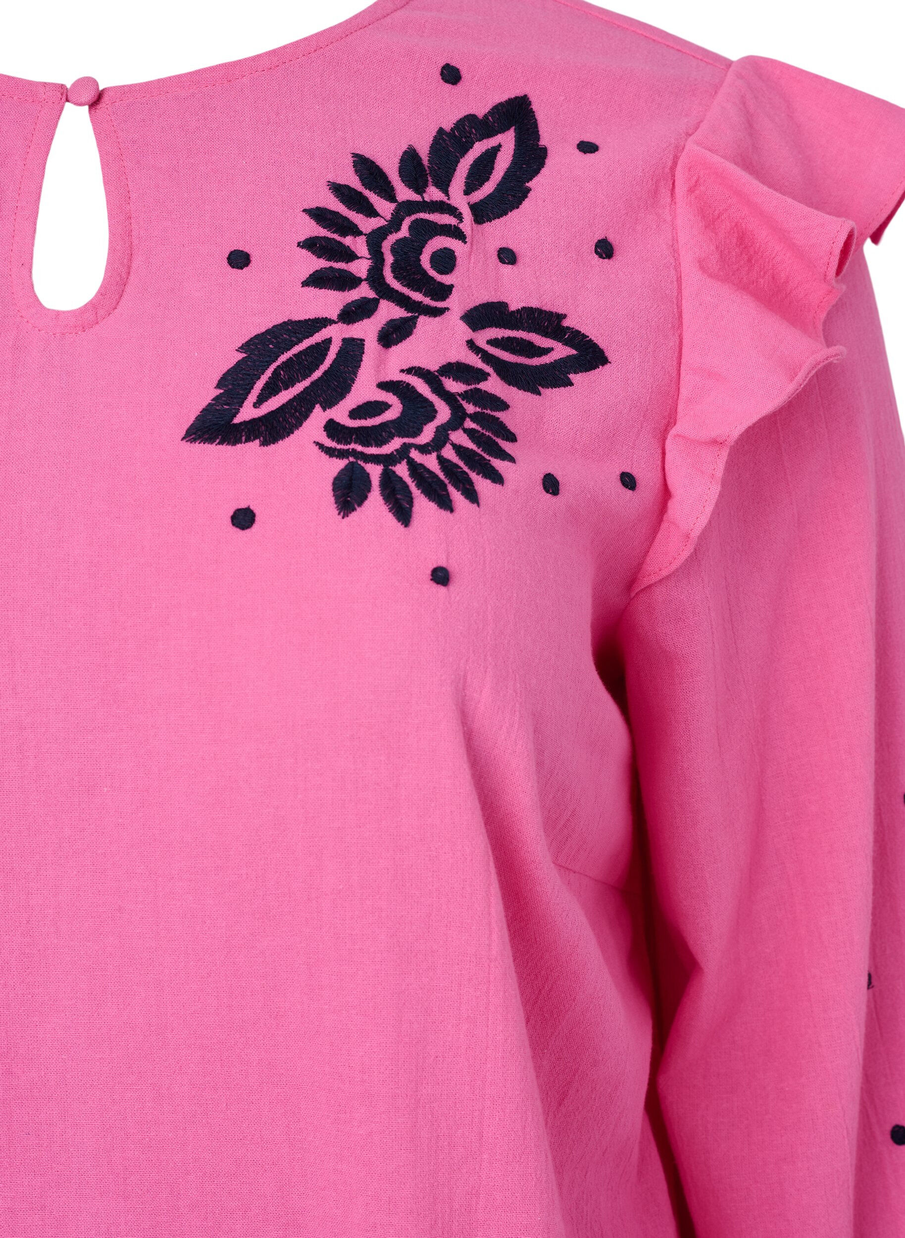 Zizzi Baumwollbluse mit Stickerei und R&uuml;schen, Pink, Packshot image number 2